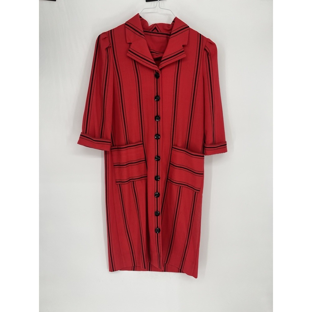 Vintage Collared Red With Black Stripe Button Front Midi Dress 3/4 Sleeve No Sz
